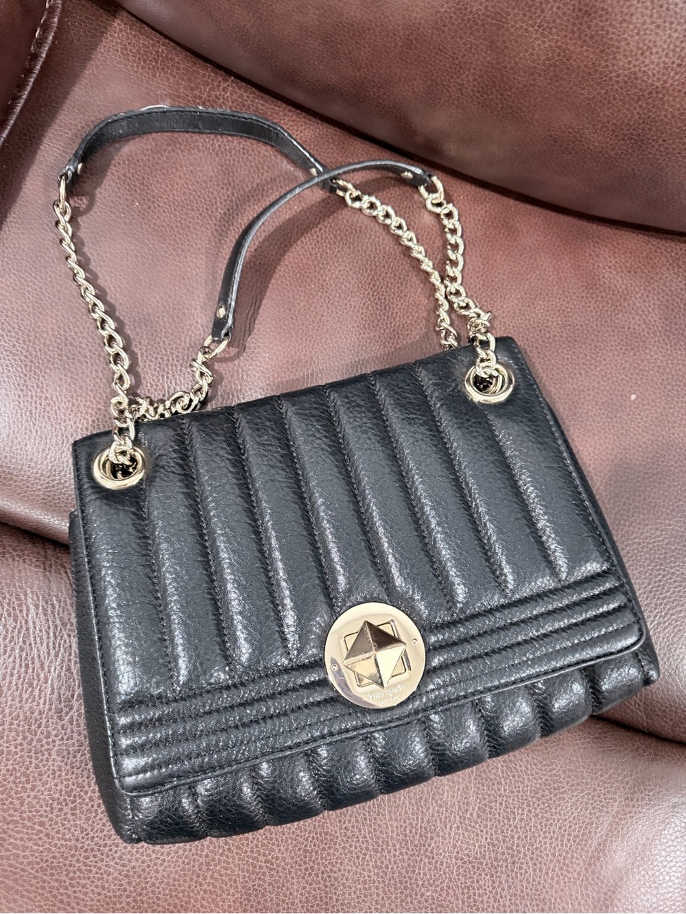 Black Quilted Shoulder Bag with Gold Chain and Emblem